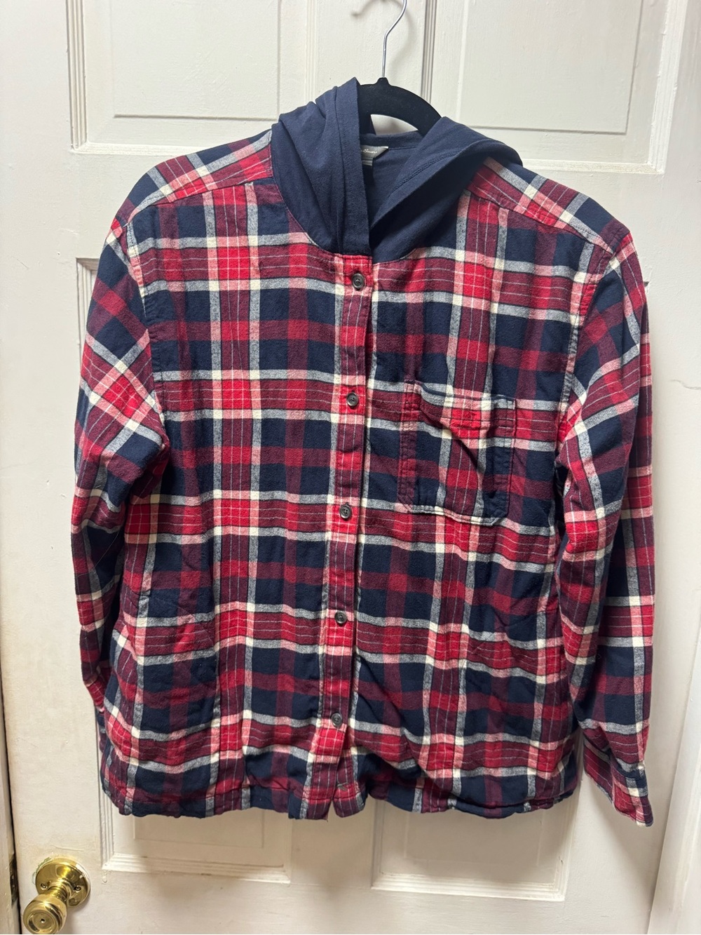 Eddie Bauer Red & Navy Plaid Hooded flannel Jacket